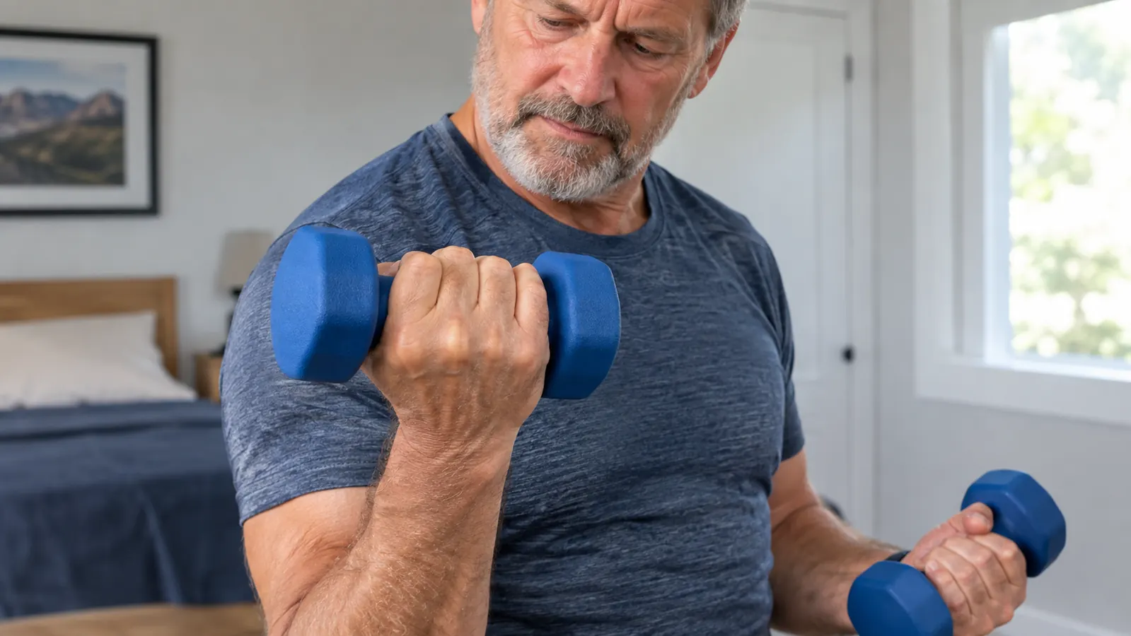 A hand lifting a neoprene dumbbell from a compact rack stored inside a closet