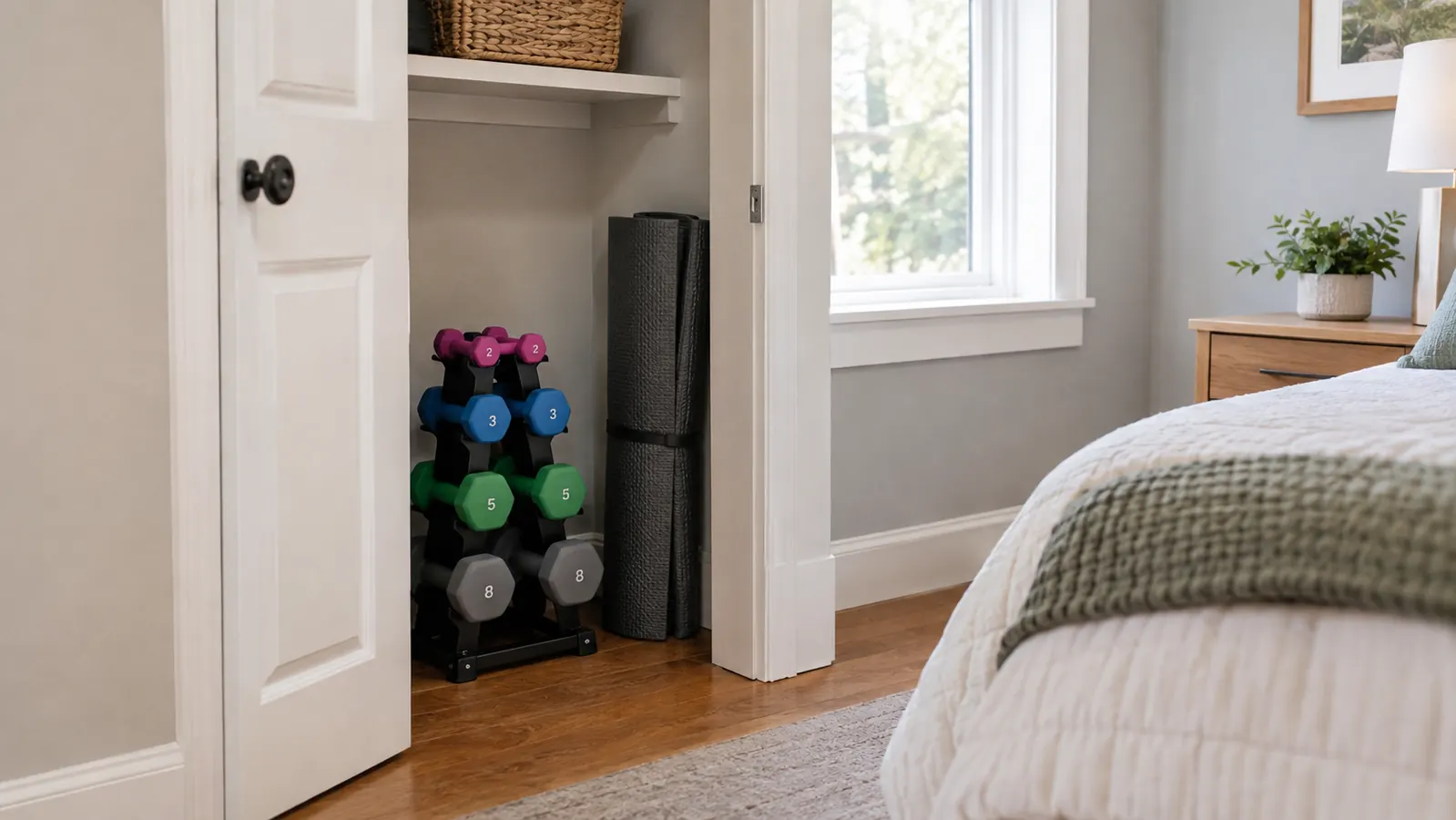 Several neoprene dumbbells stored on a compact rack inside a closet, an exercise mat folded against the wall