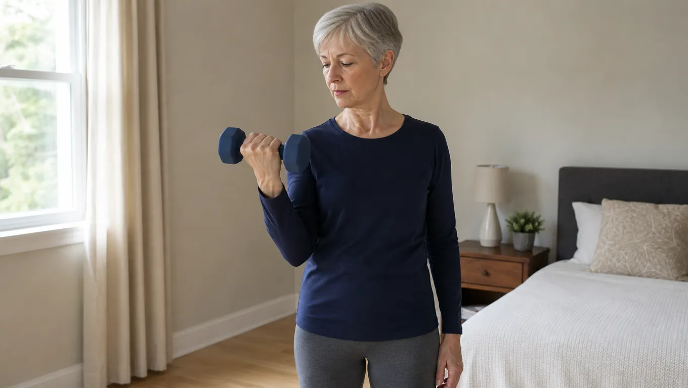 A woman in her sixties doing a bicep curl with a neoprene dumbbell in a spare bedroom