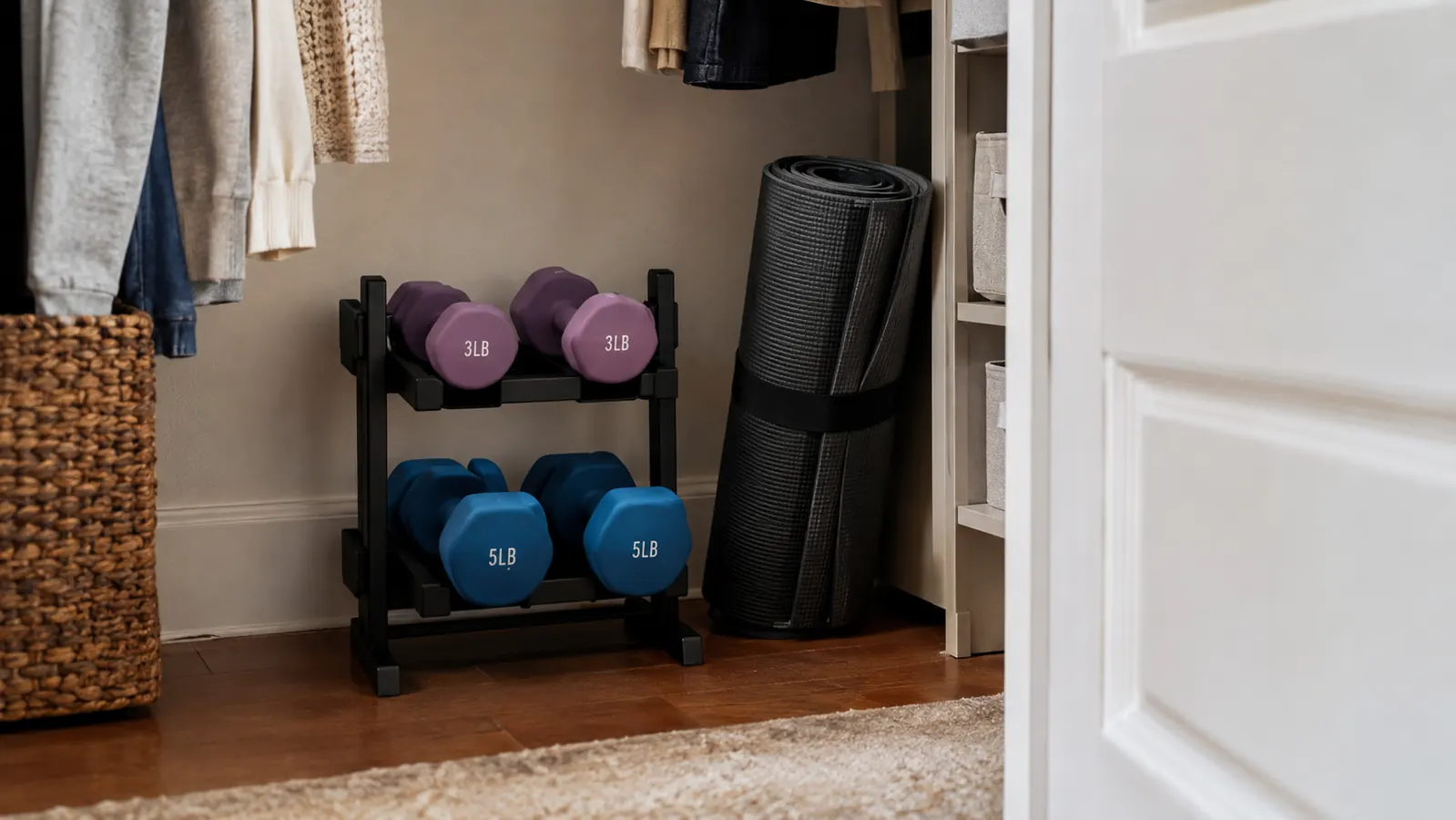 A pair of neoprene dumbbells and a small rack stored in a bedroom closet