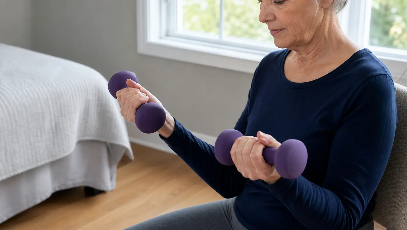 Close view of a woman's hands gripping a pair of neoprene dumbbells during a shoulder press, seated on a plain chair in a spare room