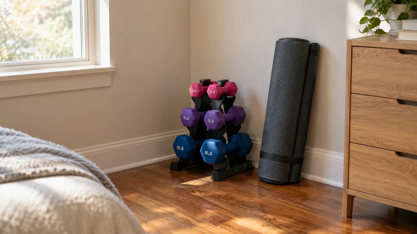 A tidy corner of a spare room with a compact rack holding pairs of neoprene dumbbells, a folded exercise mat leaning beside it, neutral wall