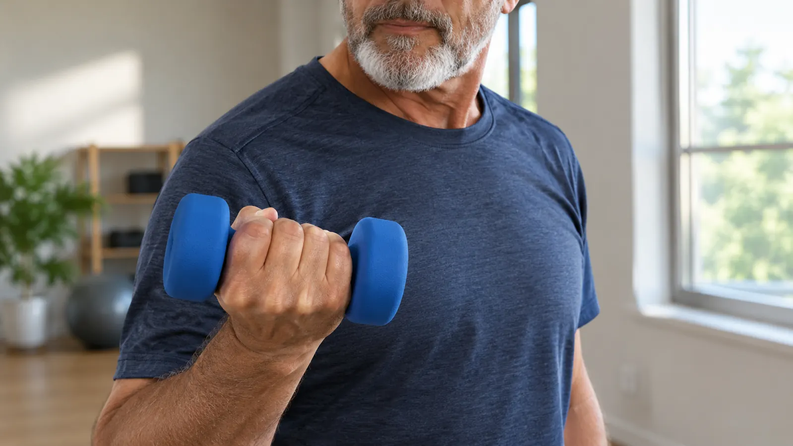 A hand gripping a neoprene dumbbell mid-curl in a bright bedroom