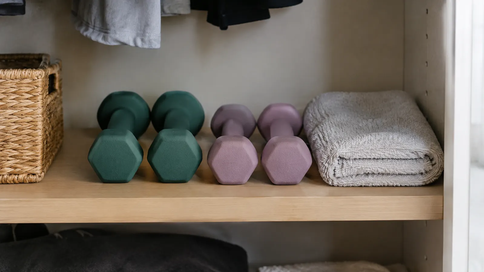 Two pairs of small dumbbells stored side by side on a low shelf in a bedroom closet